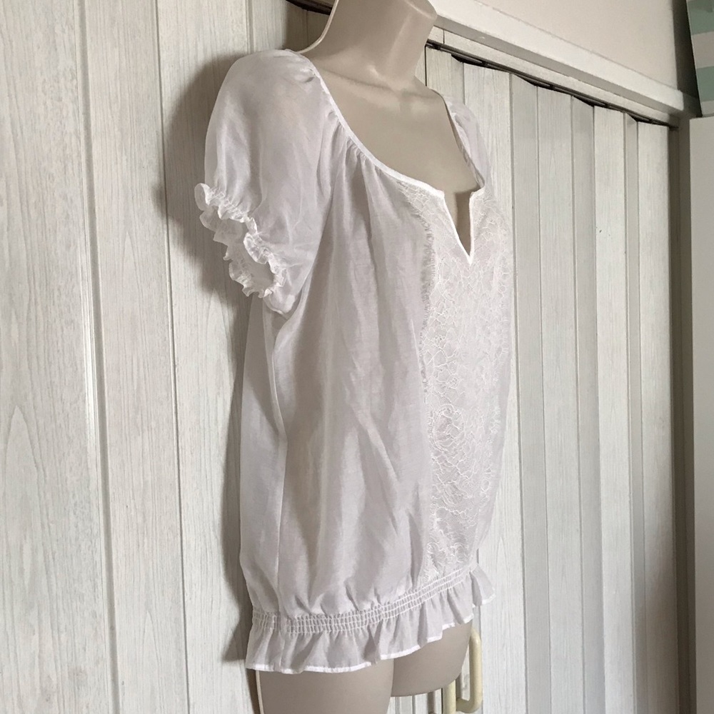 Candies White Blouse Semi Sheer Center Lace Short Elastic Puff Sleeves Top Med. - Picture 9 of 16